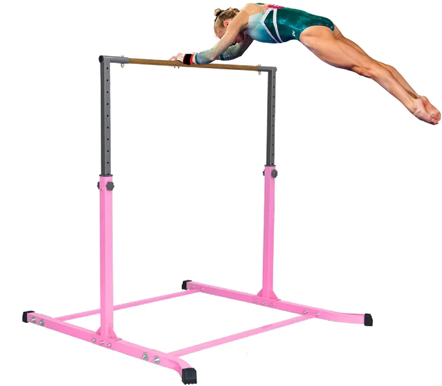 Pro-Gymnastics Expandable Gymnastics Kip Bar Horizontal Bar Junior Gymnastic Training High Bar Asymmetric Bar 13 Level Height Adjustable 3 to 5  Cushioned Bar & Curved Legs (Pink)