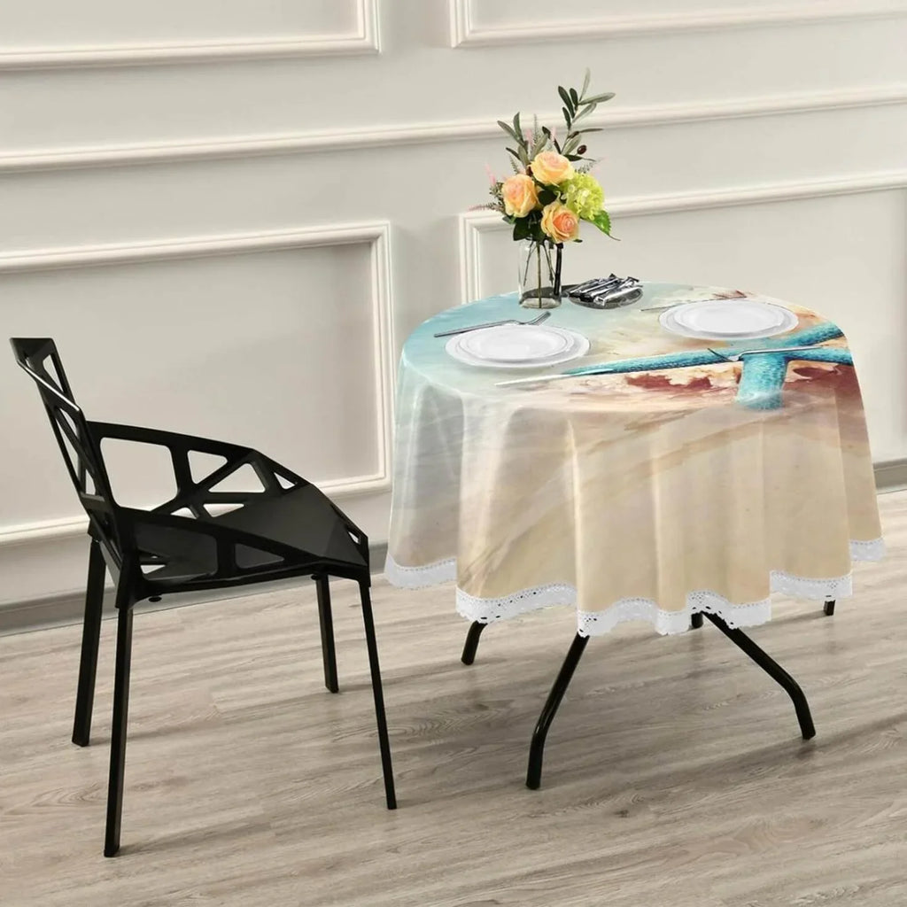 Starfish Summer Beach Round Tablecloth 60inch Indoor Wrinkle Free, Sea Wave Conch Circular Lace Table Cover Washable for Kitchen Party  Dining Decor