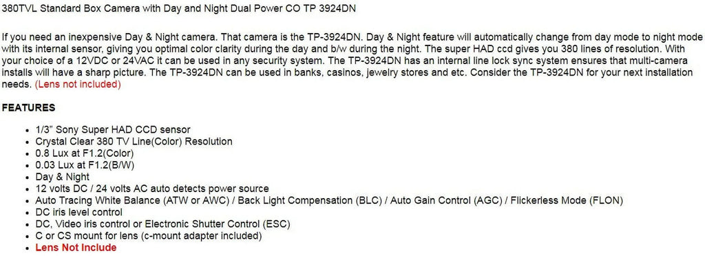 380TVL Standard Box Security Camera with Day and Night Dual Power   3924DN (Lens Not Included)