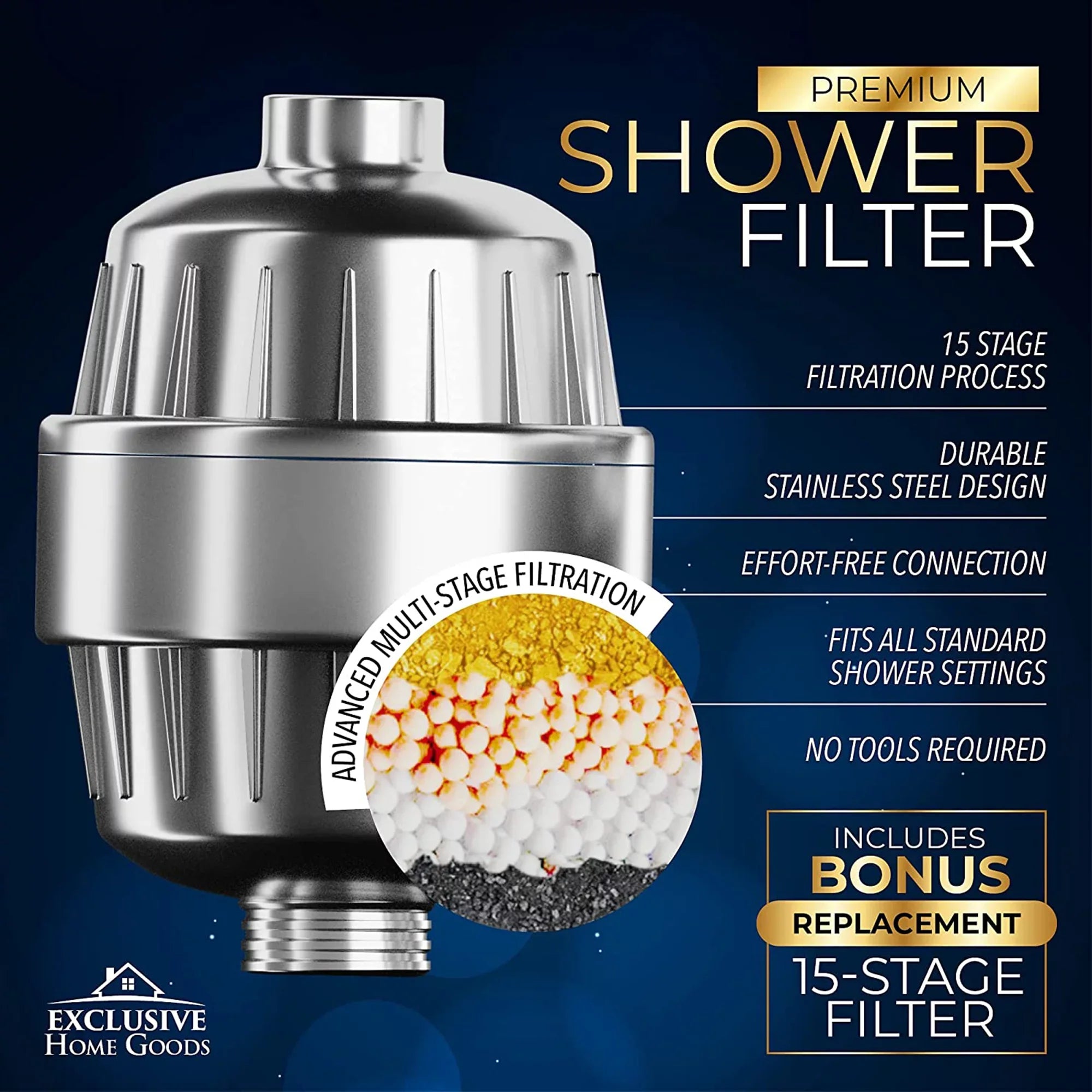 Exclusive Home Goods Rainfall Shower Head & Showerhead Filter System for Hard Water