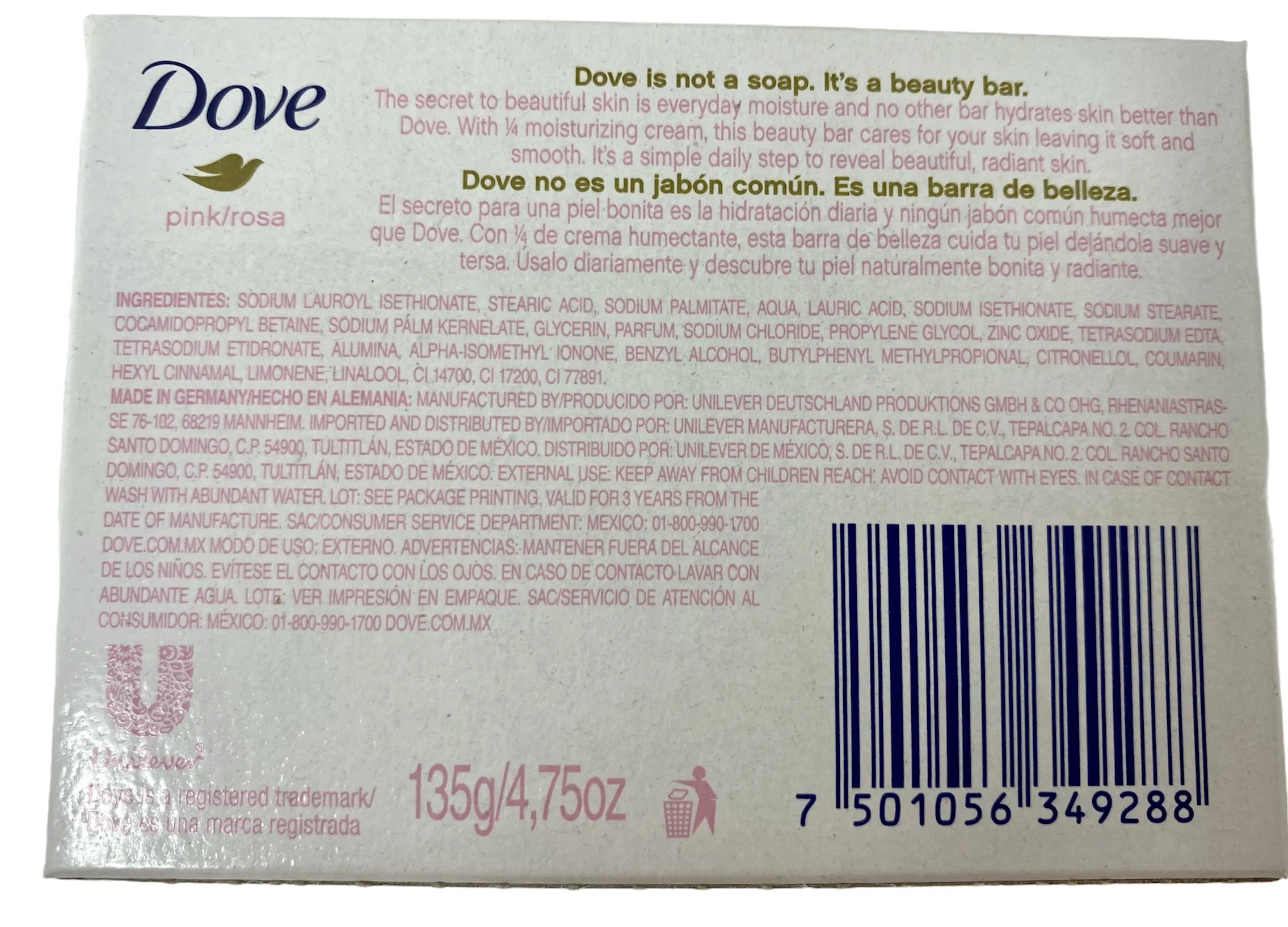Dove Beauty Cream Bar Pink, 1/4 Moisturizing Cream, 4.75 oz Pack Of 6