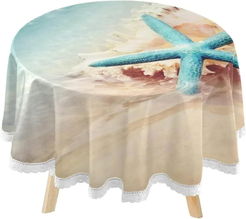 Starfish Summer Beach Round Tablecloth 60inch Indoor Wrinkle Free, Sea Wave Conch Circular Lace Table Cover Washable for Kitchen Party  Dining Decor
