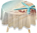 Starfish Summer Beach Round Tablecloth 60inch Indoor Wrinkle Free, Sea Wave Conch Circular Lace Table Cover Washable for Kitchen Party  Dining Decor