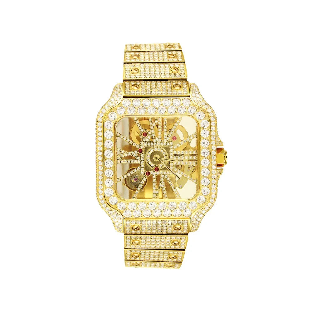 Mens Moissanite Diamond Skeleton Dial 14K Gold Tone Stainless Steel Custom Automatic Watch