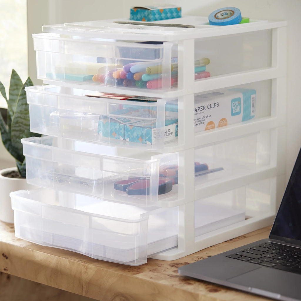 Gracious Living 4 Drawer Desktop Storage w/ Organizer Lid, White (4 Pack)