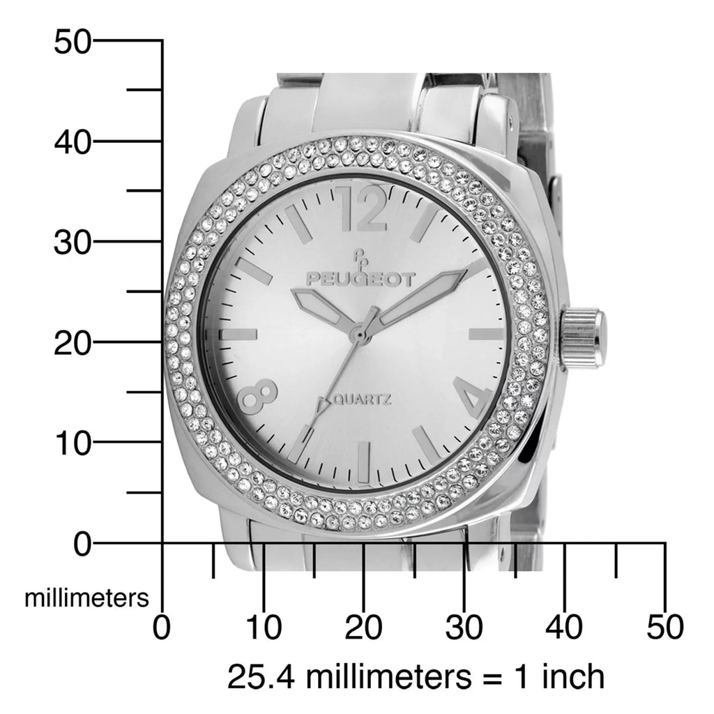 Peugeot Women's All Silver Boyfriend Oversized Watch with Swarovski Crystal Bezel Metal Link Bracelet 7075S