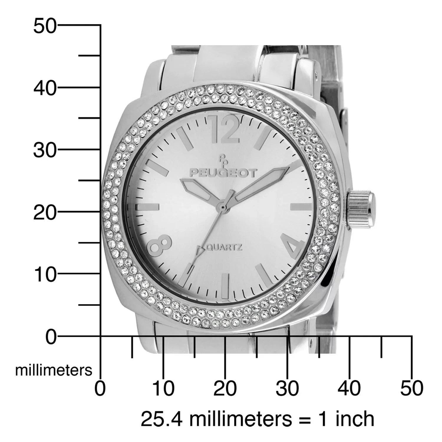 Peugeot Women's All Silver Boyfriend Oversized Watch with Swarovski Crystal Bezel Metal Link Bracelet 7075S