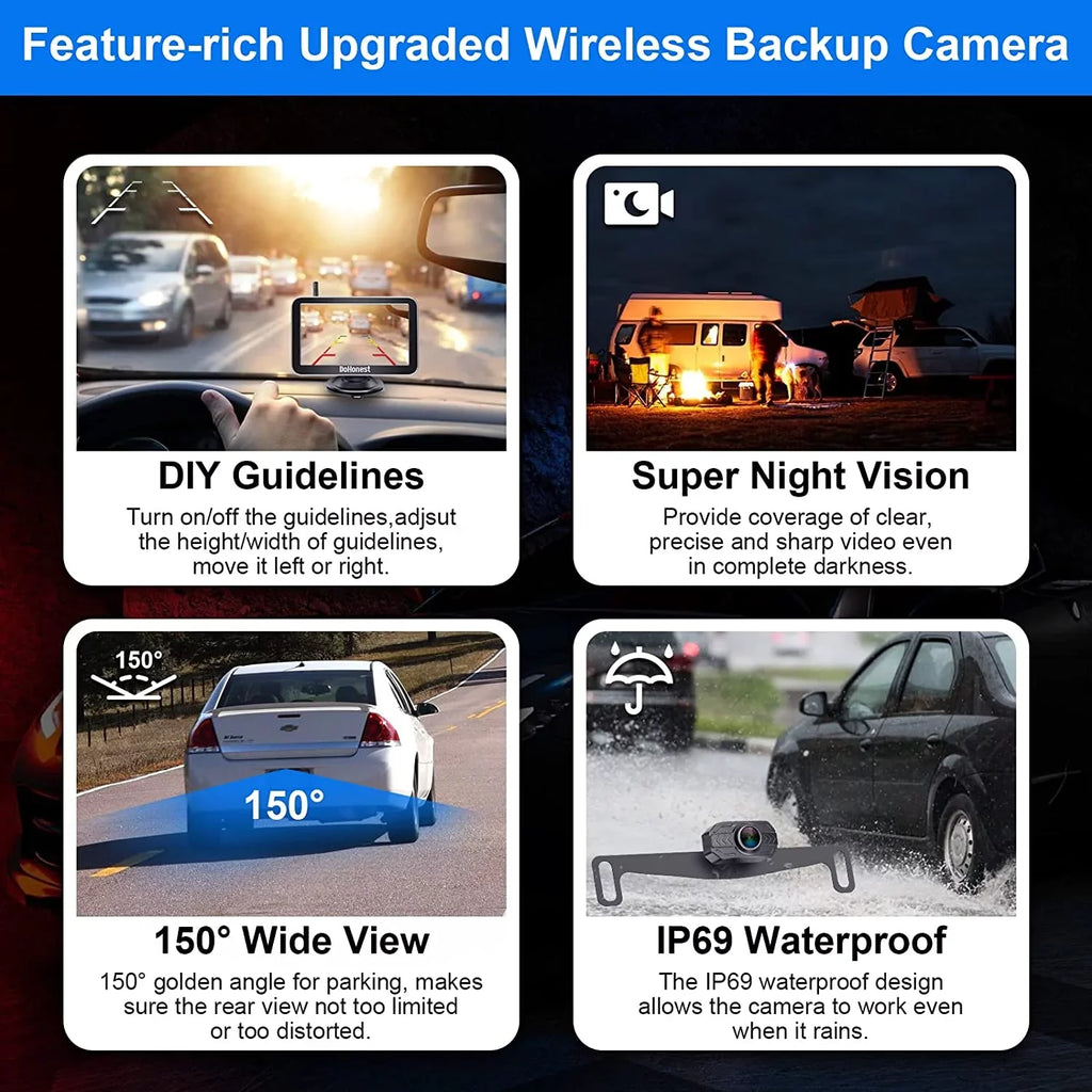DoHonest Wireless Backup Camera 7-Inch: Plug and Play Easy to Install Truck Car Monitor Kit  1080P Bluetooth Reverse Cam for Pickup Camper Van Stable Signal 2 Channel Night vision Auto-Switching V