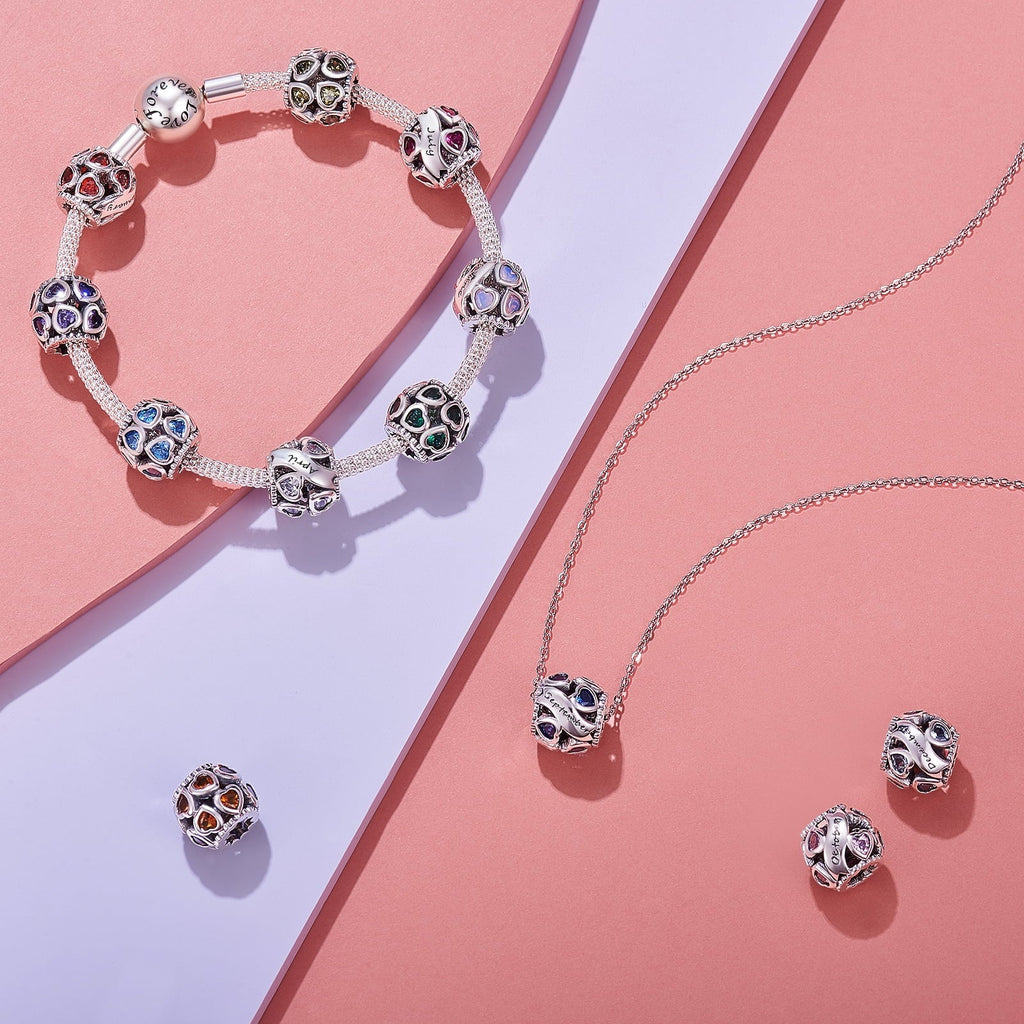 February Birthstone Charms for Pandora Bracelets 925 Sterling Silver Love Heart Openwork Bead Charms