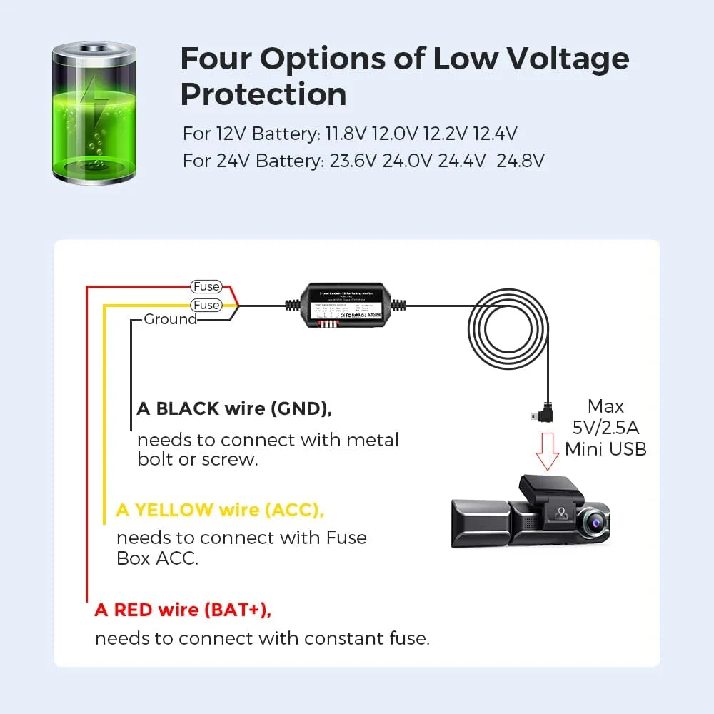 3-Lead Acc Hardwire Kit Mini- Port for M550 Dash Cam, 12ft with Fuse Kit, for Dash Camera 24H Parking Monitor