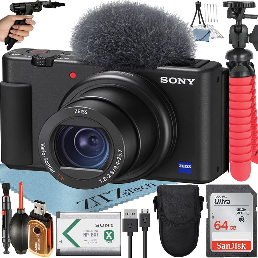 Sony -1F Vlogging Camera (Black) with SanDisk 64GB Memory Card + Tripod + ZeeTech Accessory Bundle