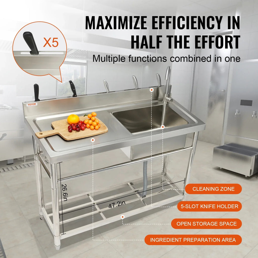 Commercial Utility & Prep Sink Single Bowl w/Workbench 47.2x19.7x37.4 in