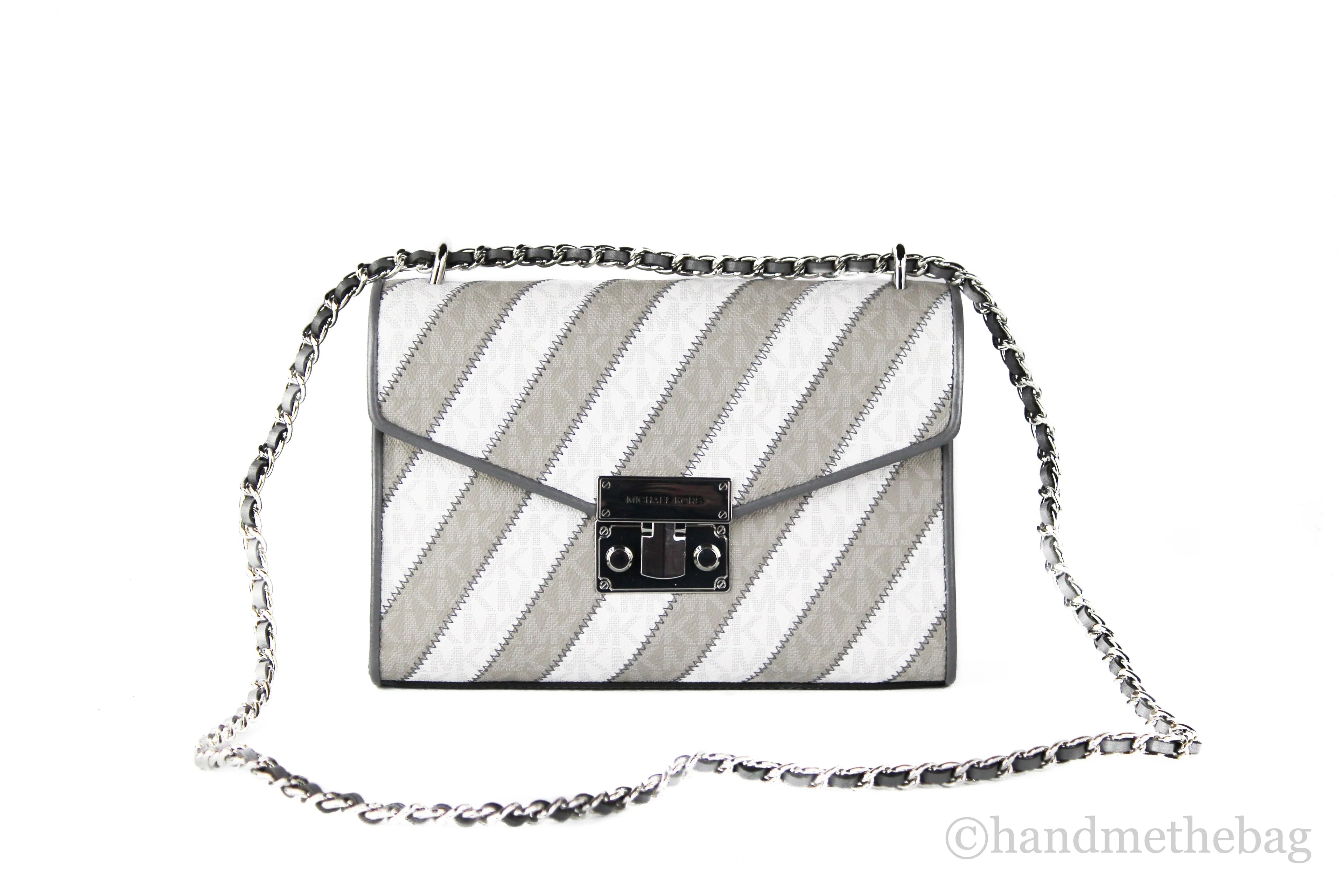 Michael Kors Rose Pearl Grey Striped Signature  Medium Flap Shoulder Handbag
