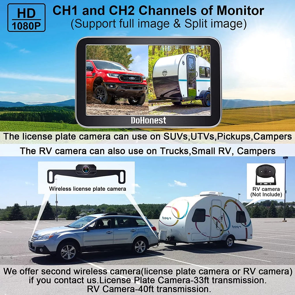 DoHonest Wireless Backup Camera 7-Inch: Plug and Play Easy to Install Truck Car Monitor Kit  1080P Bluetooth Reverse Cam for Pickup Camper Van Stable Signal 2 Channel Night vision Auto-Switching V