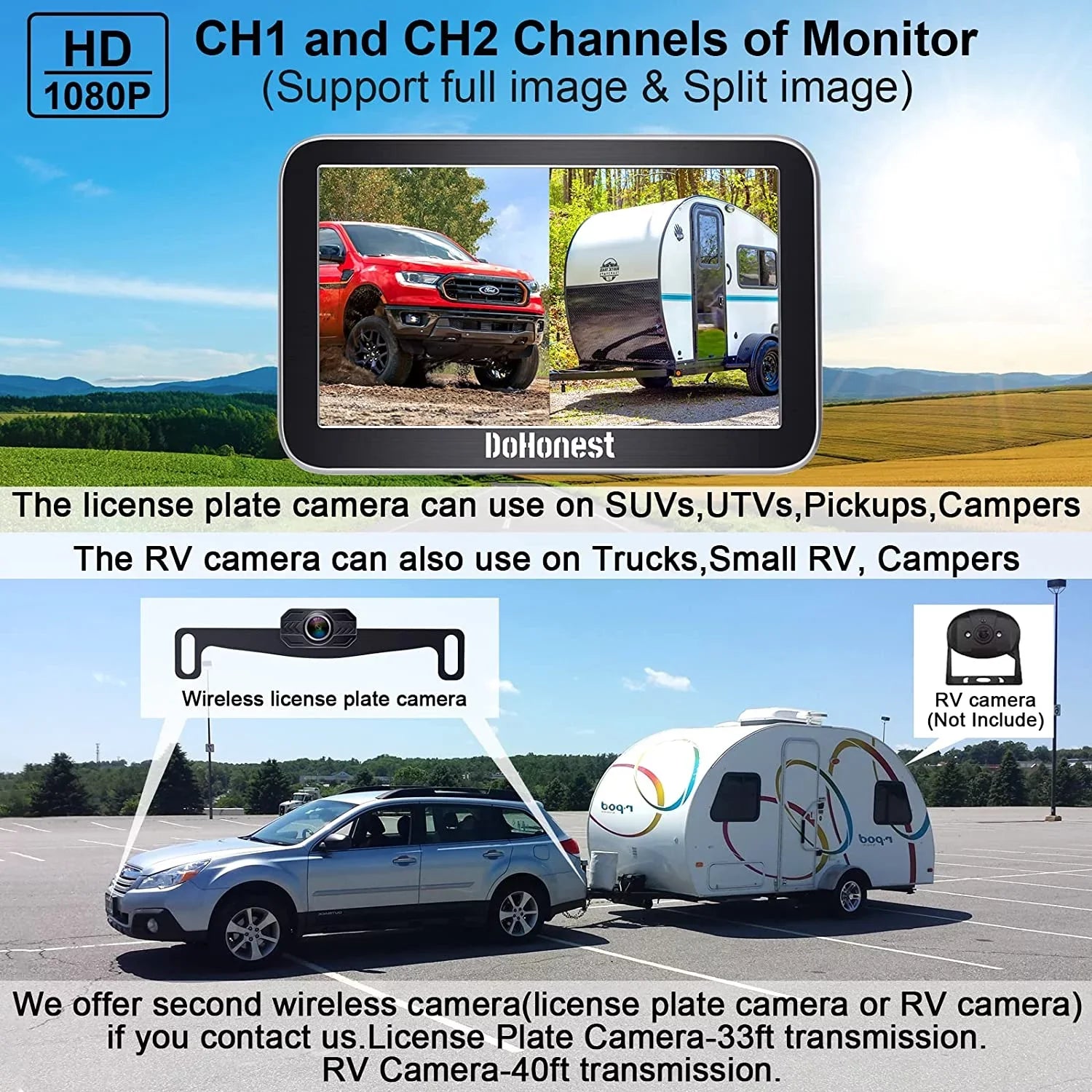 DoHonest Wireless Backup Camera 7-Inch: Plug and Play Easy to Install Truck Car Monitor Kit  1080P Bluetooth Reverse Cam for Pickup Camper Van Stable Signal 2 Channel Night vision Auto-Switching V