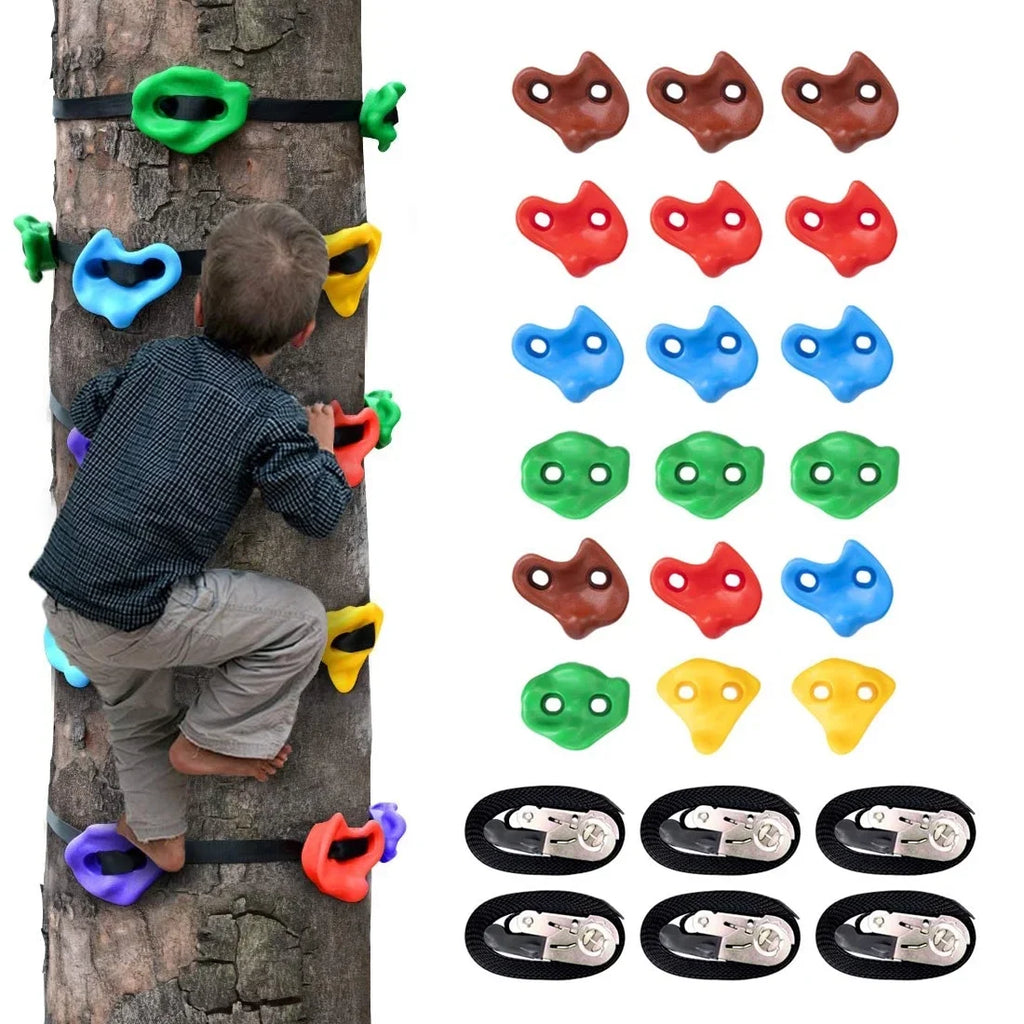 Brizi Living 18 Tree Climbing Holds and 6 Sturdy Ratchet Straps for Kids Tree Climbing, Large Climbing Rocks for Outdoor Warrior Obstacle Course Training