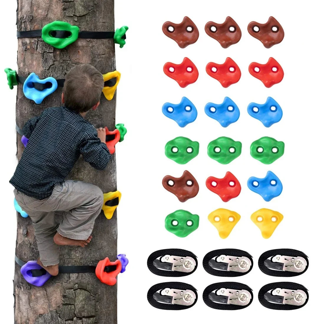 Brizi Living 18 Tree Climbing Holds and 6 Sturdy Ratchet Straps for Kids Tree Climbing, Large Climbing Rocks for Outdoor Warrior Obstacle Course Training