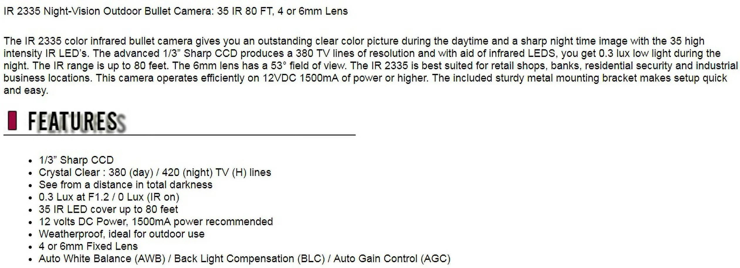 Eyemax  2335 Night-Vision Outdoor Bullet  Security Camera 35  80FT (6mm Fixed Lens)
