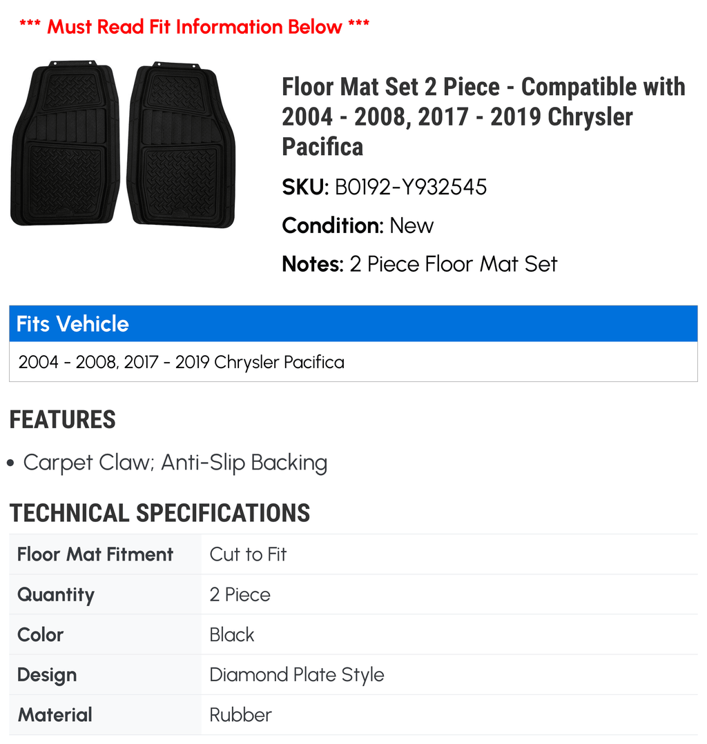Floor Mat Set 2 Piece - Compatible with 2004 - 2008, 2017 - 2019 Chrysler Pacifica 2005 2006 2007 2018