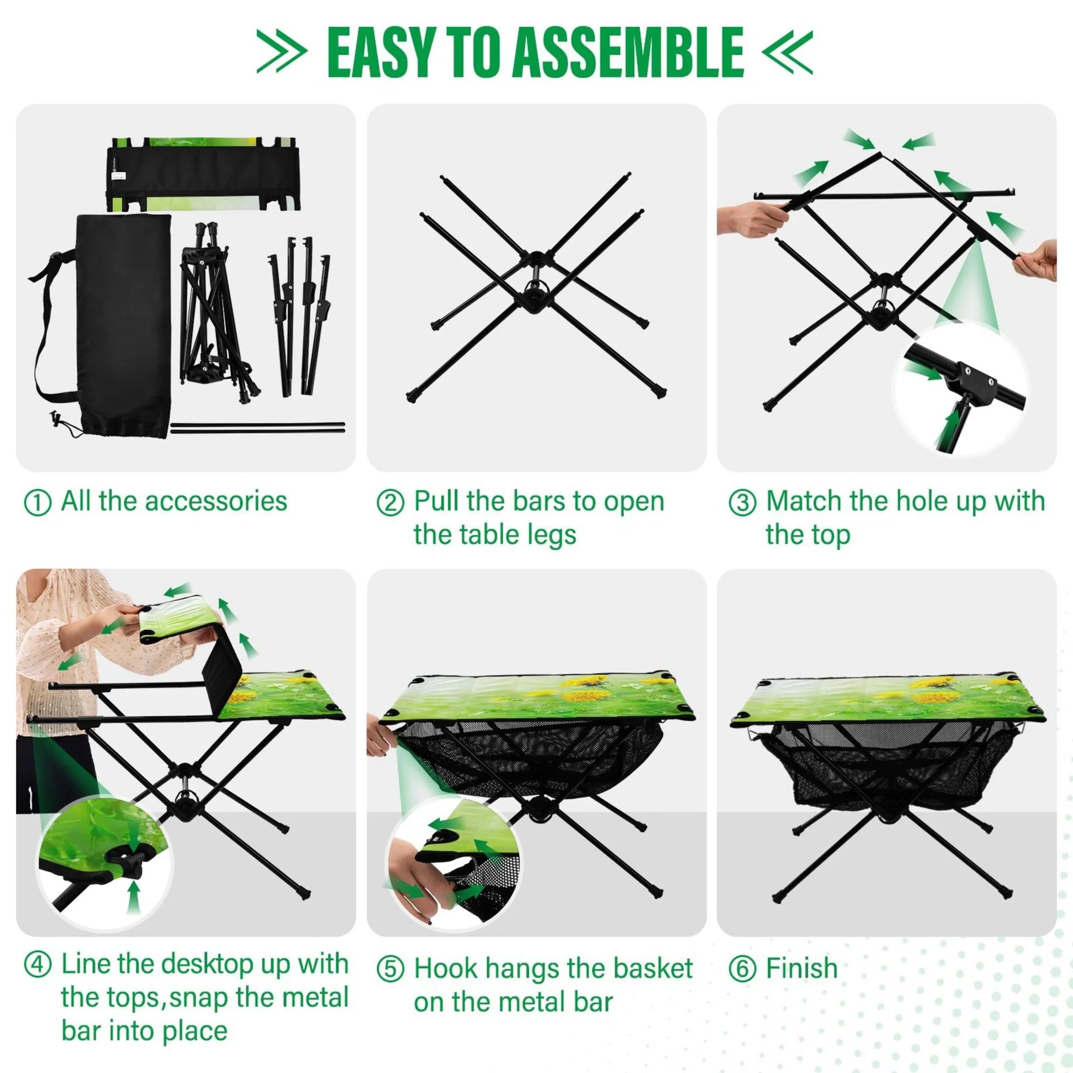 Spring Green Flowers Camping Folding Table Portable Beach Table with Storage Bag Compact Picnic Table for Outdoor Travel Fishing
