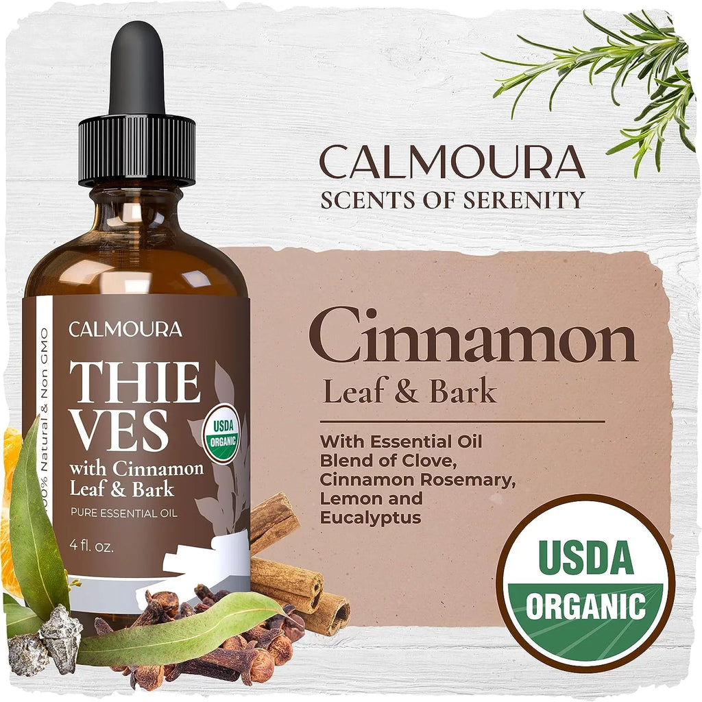 Organic Thieves Oil Essential Oil (4 oz | 118 ml) —  Certified Therapeutic Grade For Essential Oil Diffuser — Oil Blend of Clove, Cinnamon, Rosemary Essential Oil, Lemon and Eucalyptus