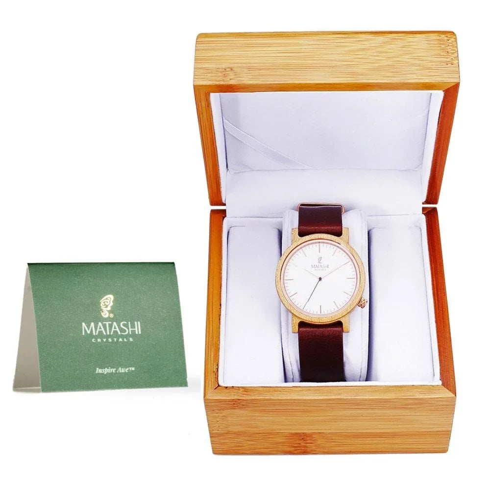 Matashi Mens and Womens Casual Wooden Wrist Watch w Brown Leather Strap, 1ATM Water Resistant, Business or Travel, Swiss