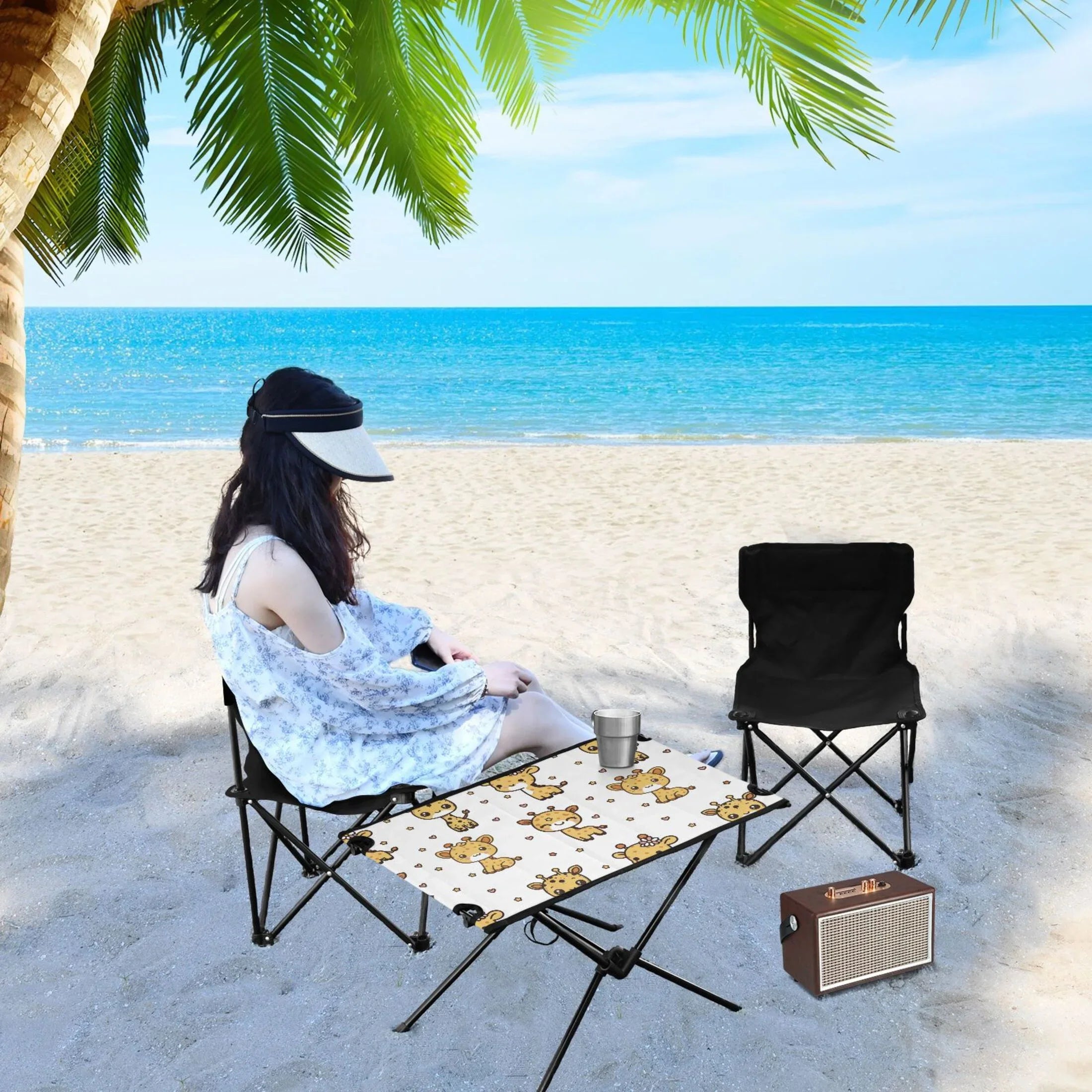 Cute Cartoon Giraffe Pattern Camping Folding Table Portable Beach Table with Storage Bag Compact Picnic Table for Outdoor Travel Fishing