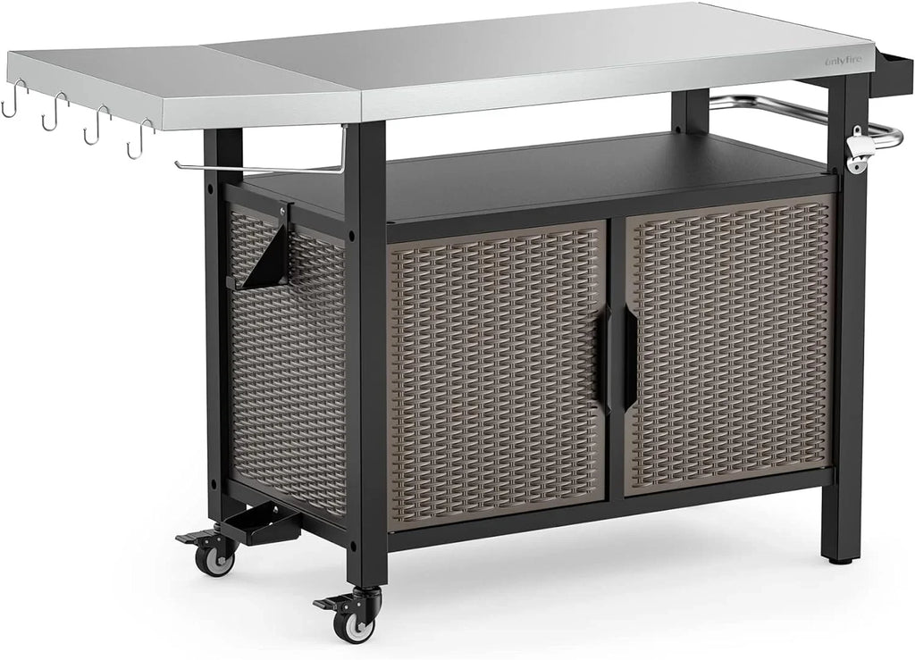 53-Inch Dining Cart Table Storage Cabinet with  Stainless Steel Countertop, Rolling Kitchen Island Worktable with Side Shelf and Wheels for Indoor Outdoor