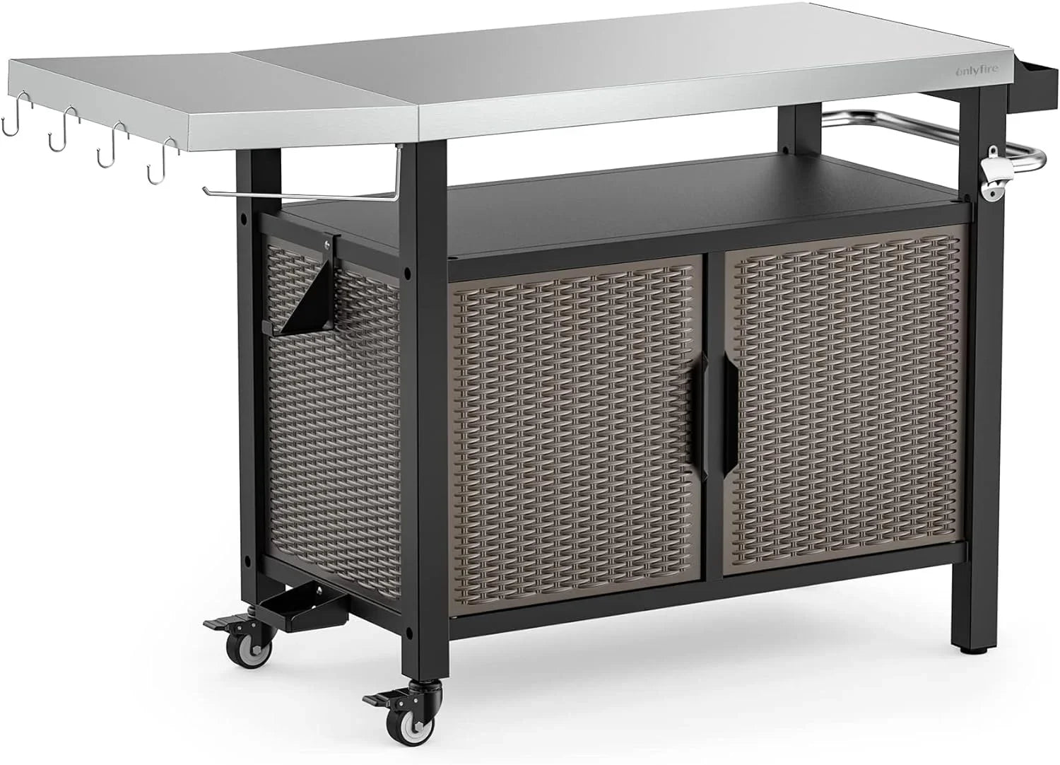 53-Inch Dining Cart Table Storage Cabinet with  Stainless Steel Countertop, Rolling Kitchen Island Worktable with Side Shelf and Wheels for Indoor Outdoor