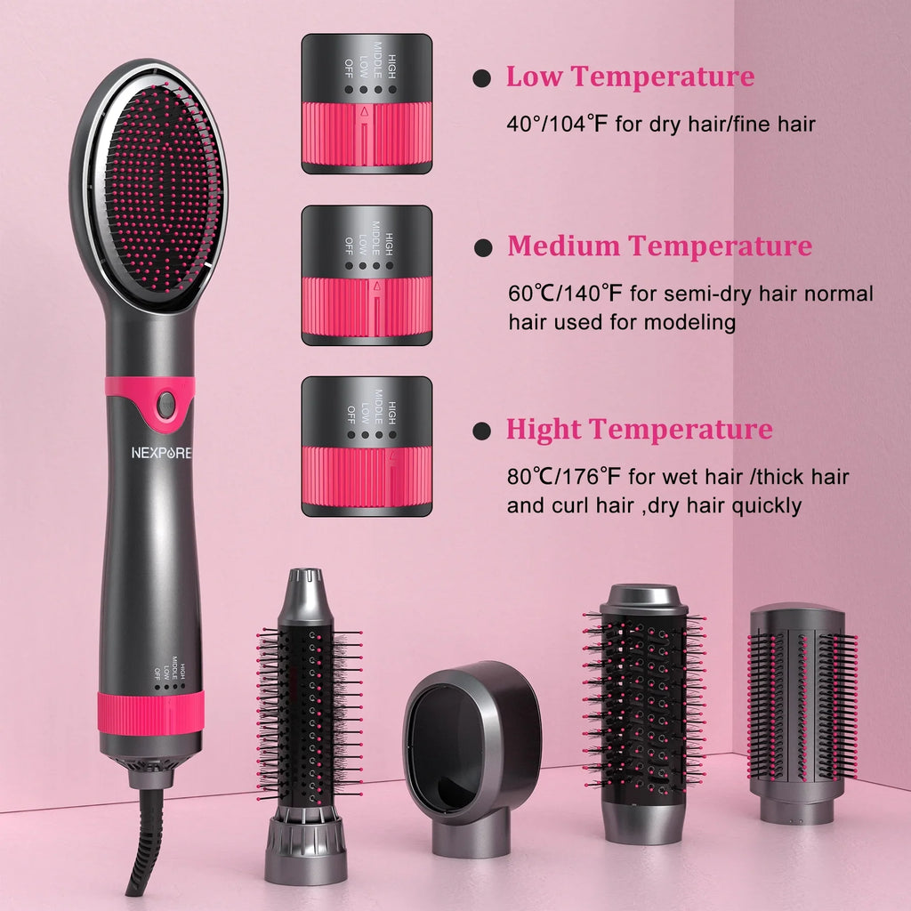 5 in 1 Multifunctional Hair Dryer Styling Tool, Detachable Salon 5-in-1 Multi-Head Hot Air Comb,Negative Ion Automatic Suction Hair Curler for Women