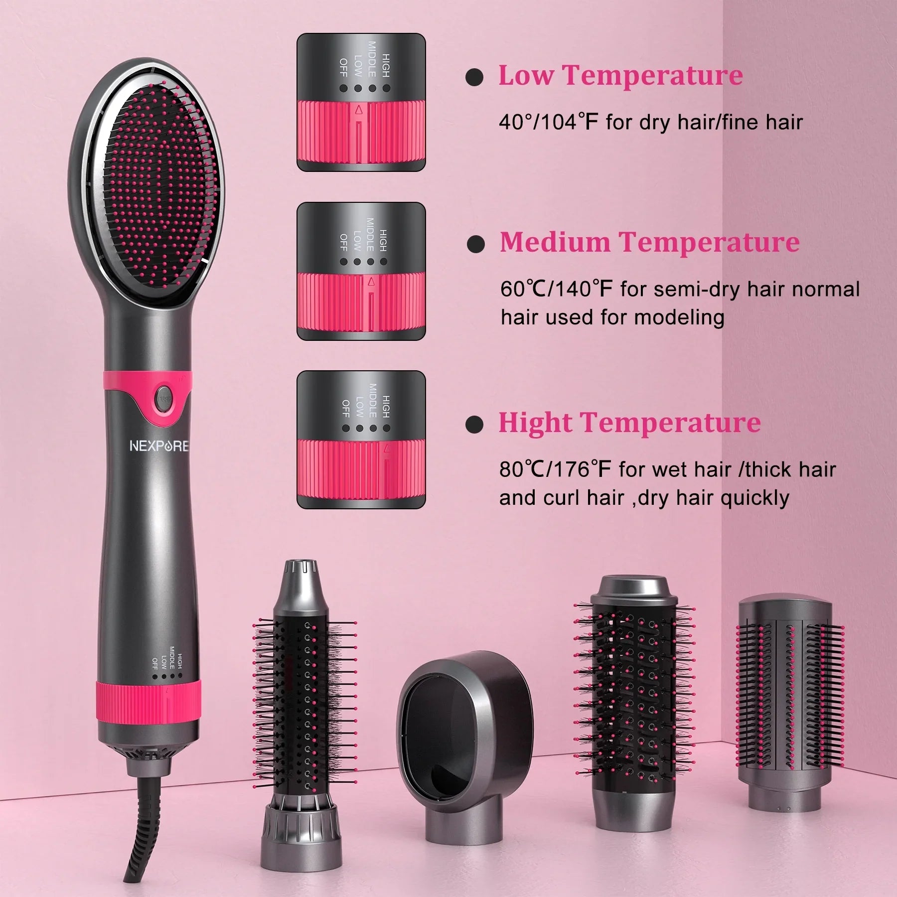 5 in 1 Multifunctional Hair Dryer Styling Tool, Detachable Salon 5-in-1 Multi-Head Hot Air Comb,Negative Ion Automatic Suction Hair Curler for Women