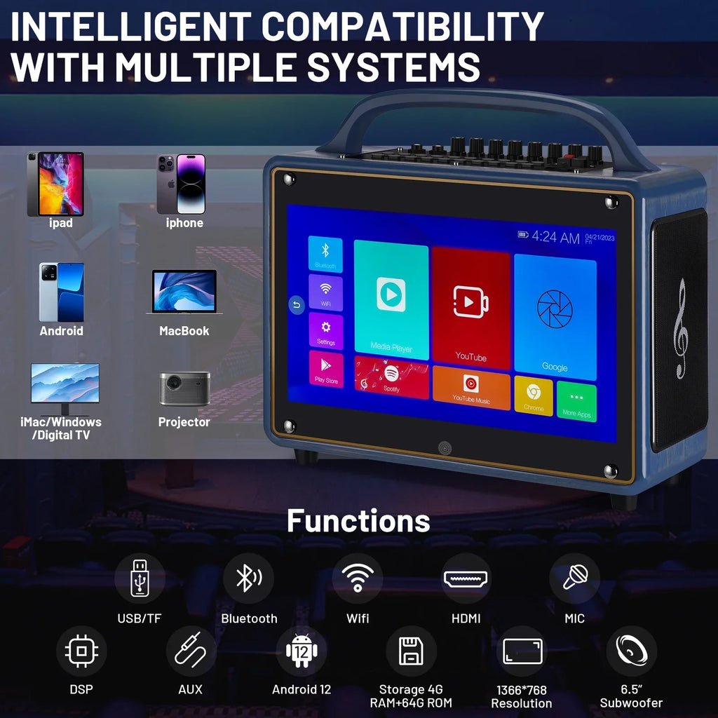 Portable Karaoke Machine Systems Wireless  Streaming Loudspeaker for Adults&Kid,14” Touch Screen/Android 12/4+64G,Support Microphone/WiFi/////Phones/