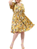 Juniors' Plus V Neck Floral Print Flare Sleeve Casual Midi Dress Yellow 3X