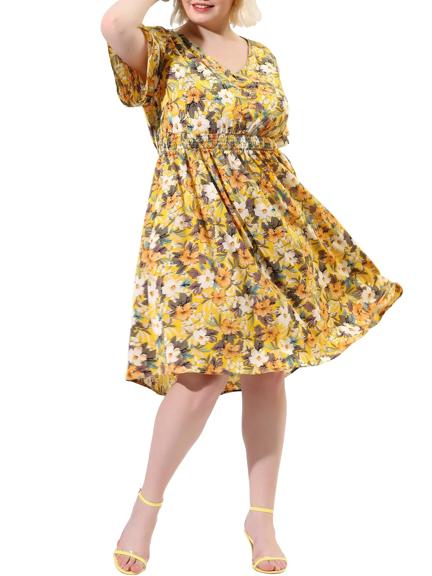 Juniors' Plus V Neck Floral Print Flare Sleeve Casual Midi Dress Yellow 3X
