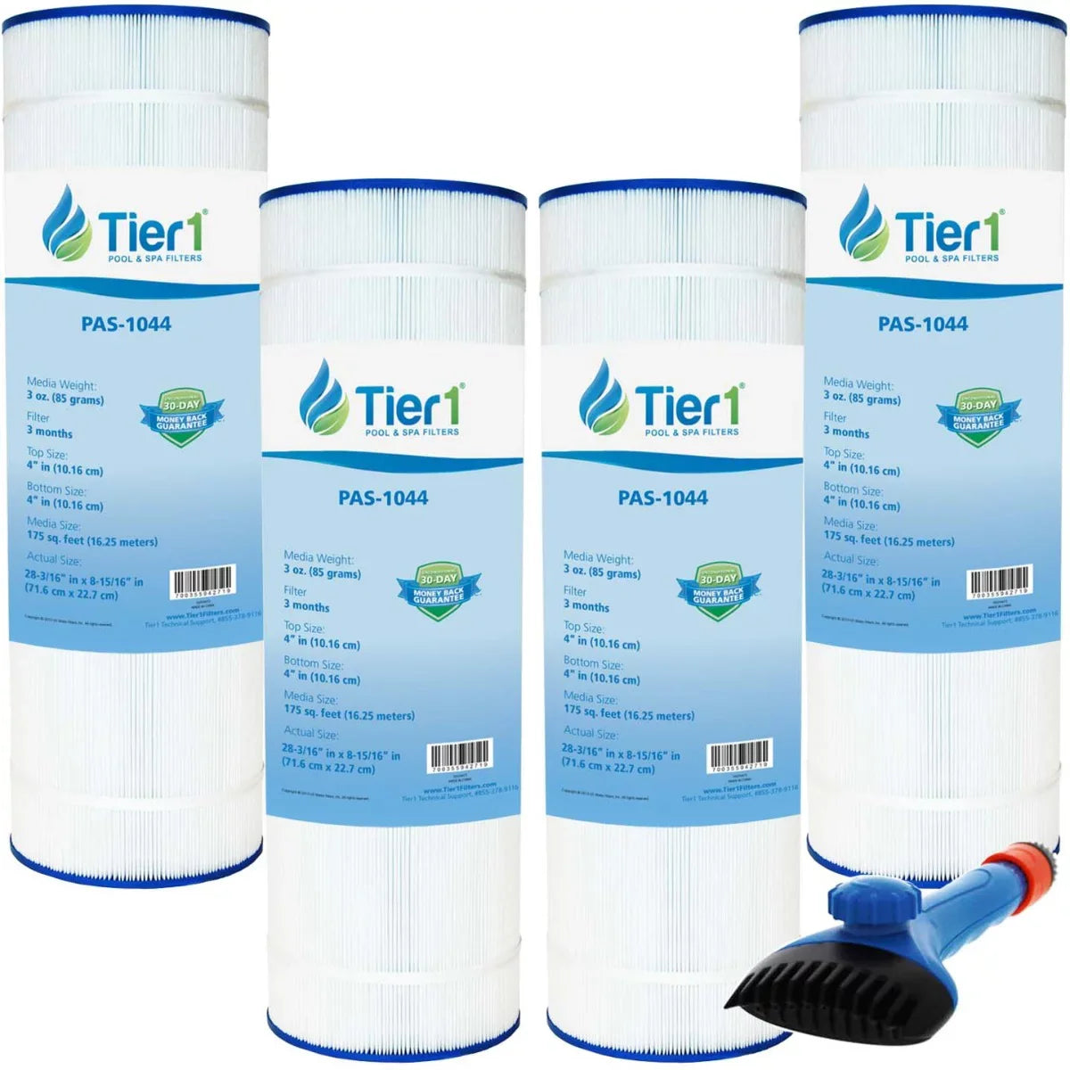 Tier1 Pool & Spa Filter Cartridge 4-pk with Tier1 Wand Brush Filter Cleaner | Replacement for Hayward CX1750RE, C1900RE, -1294, PA175 and More | 175 sq ft Pleated Fabric Filter Media