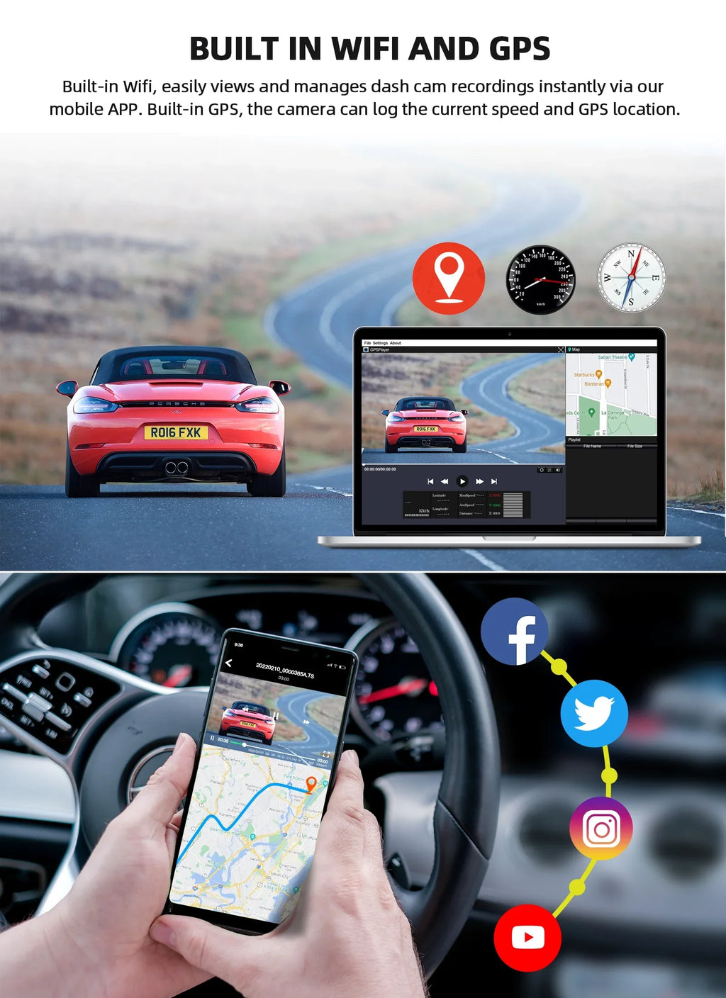 WiFi 3 Channel Dash Cam 2K+1080P+1080P@30fps with  Speed, 4K Dual Dashcam Front and Inside, Triple Car Dash Camera with Type C Port, ,  Night Vision, 170° Wide Angle, 24hr Parking Monitor