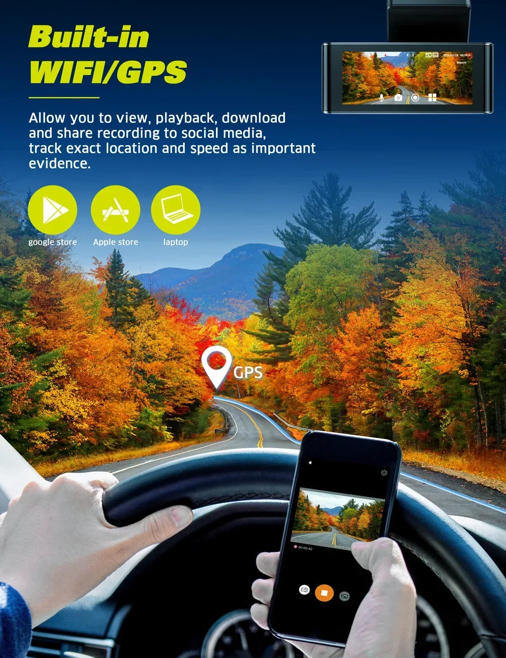 Toguard 4K Dual Dash Cam Front and Rear with WiFi , 3.16"  Touch Screen Capacitor Car Camera W/Motion Activated Sensor Emergency Lock