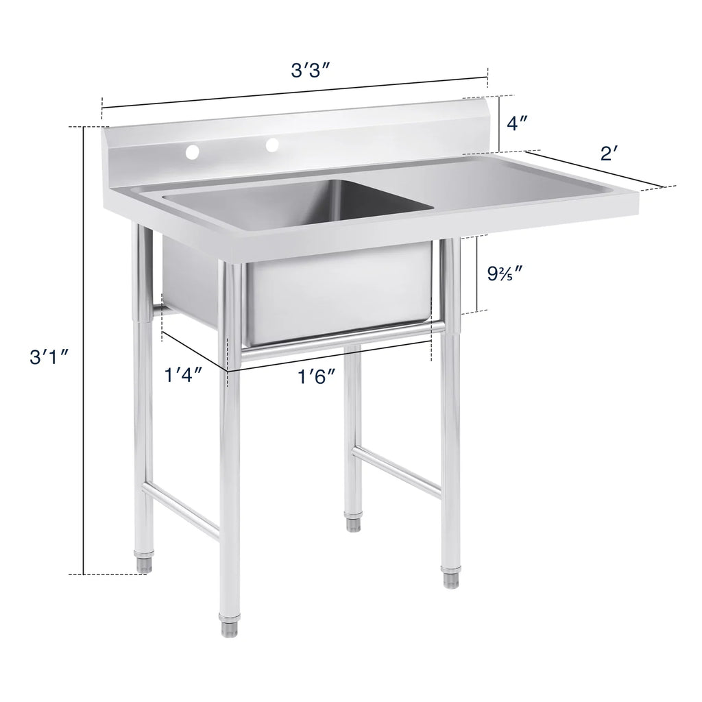 Wilprep Commercial Stainless Steel Utility Sink w Drainboard Strainer Backsplash for Kitchen Bar