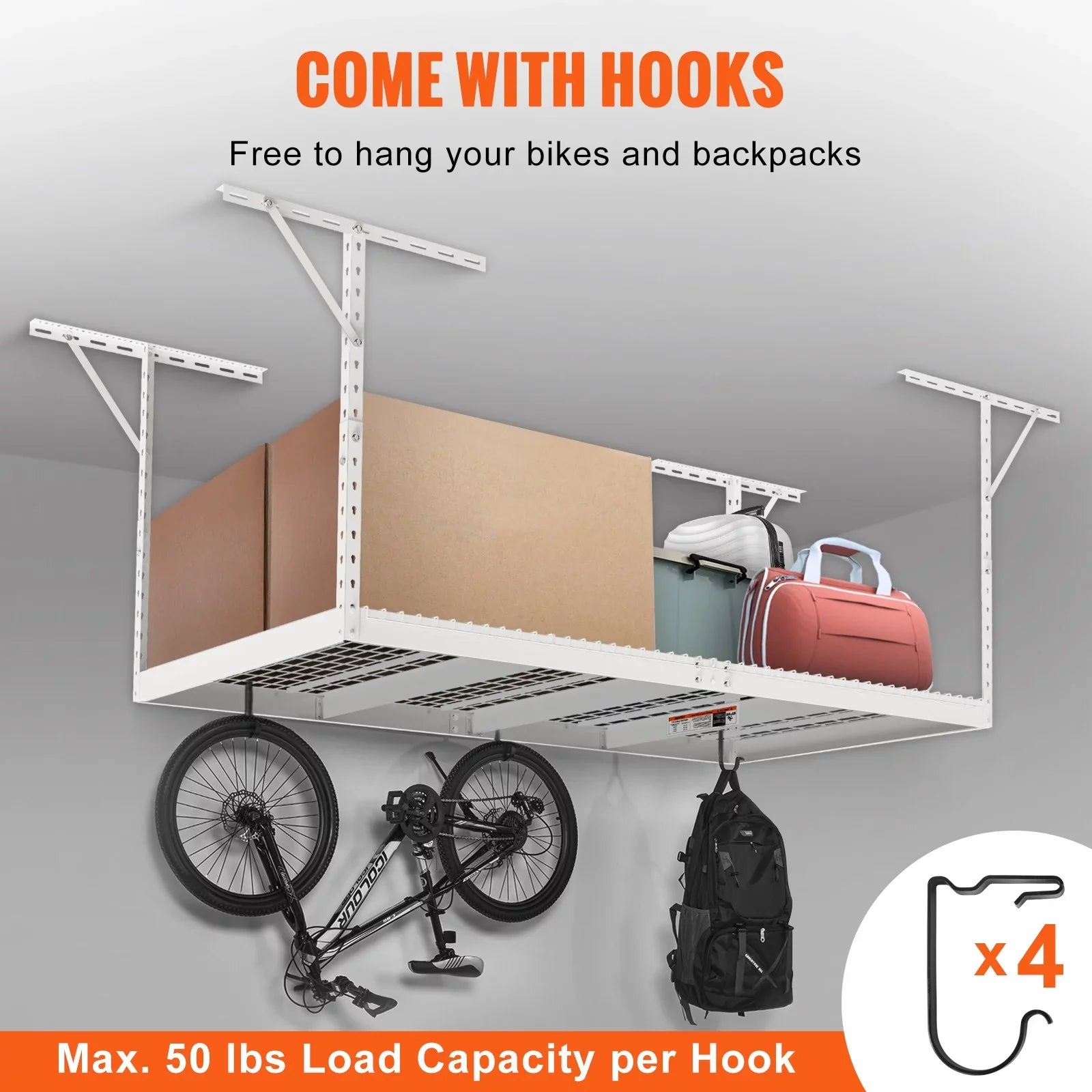 Overhead Adjustable Garage Storage Rack 48x96in Ceiling Rack 600lbs White