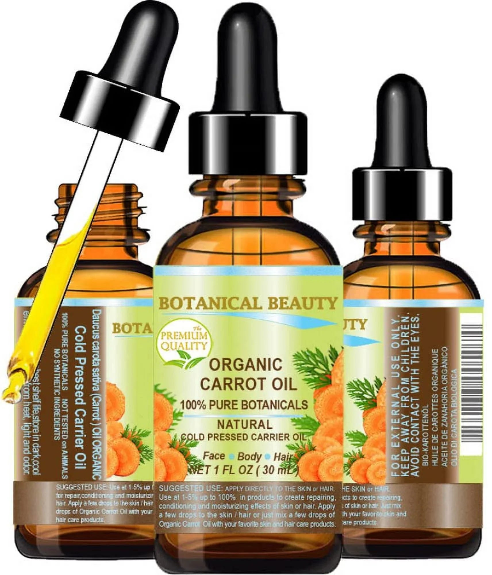 Botanical Beauty Organic Carrot Oil 100% Natural/Pure Botanicals/Cold Pressed Carrier Oil 1 Fl. Oz. -30 Ml. For Face, Body, Hair And Nail Care
