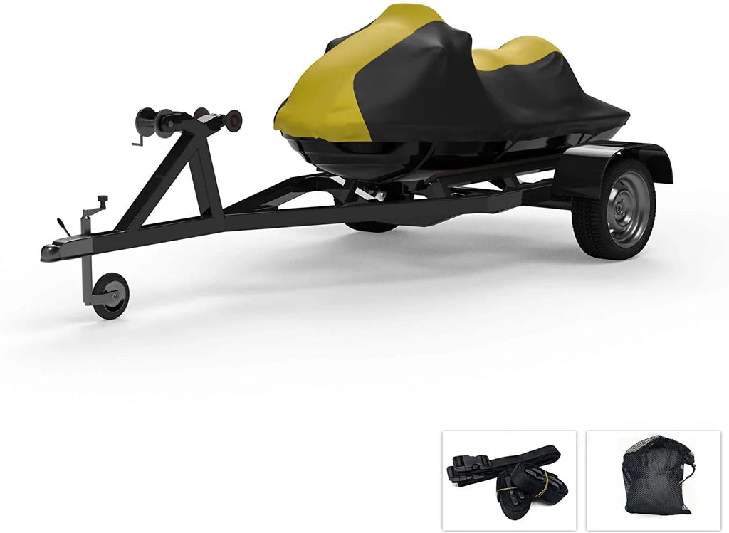 Weatherproof Jet Ski Covers for Kawasaki Ultra 300LX 2011-2013 - Yellow/Black Color - All Weather - Trailerable - Protects from Rain, Sun,  Rays, and More! Includes Trailer Straps and Storage Bag