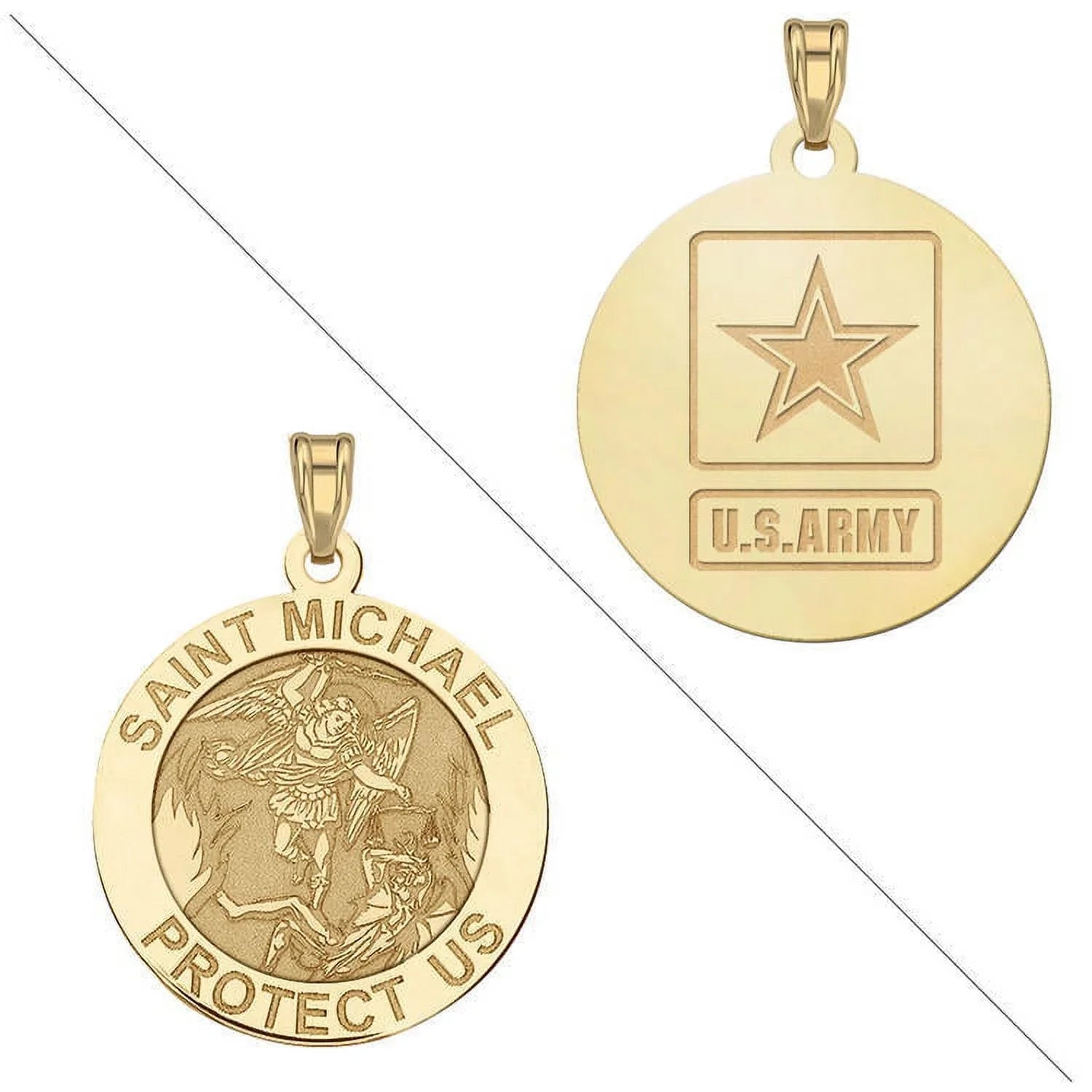 Saint Michael Doubledside  Religious Medal  - 3/4 Inch Size of a Nickel - Solid 14K Yellow Gold