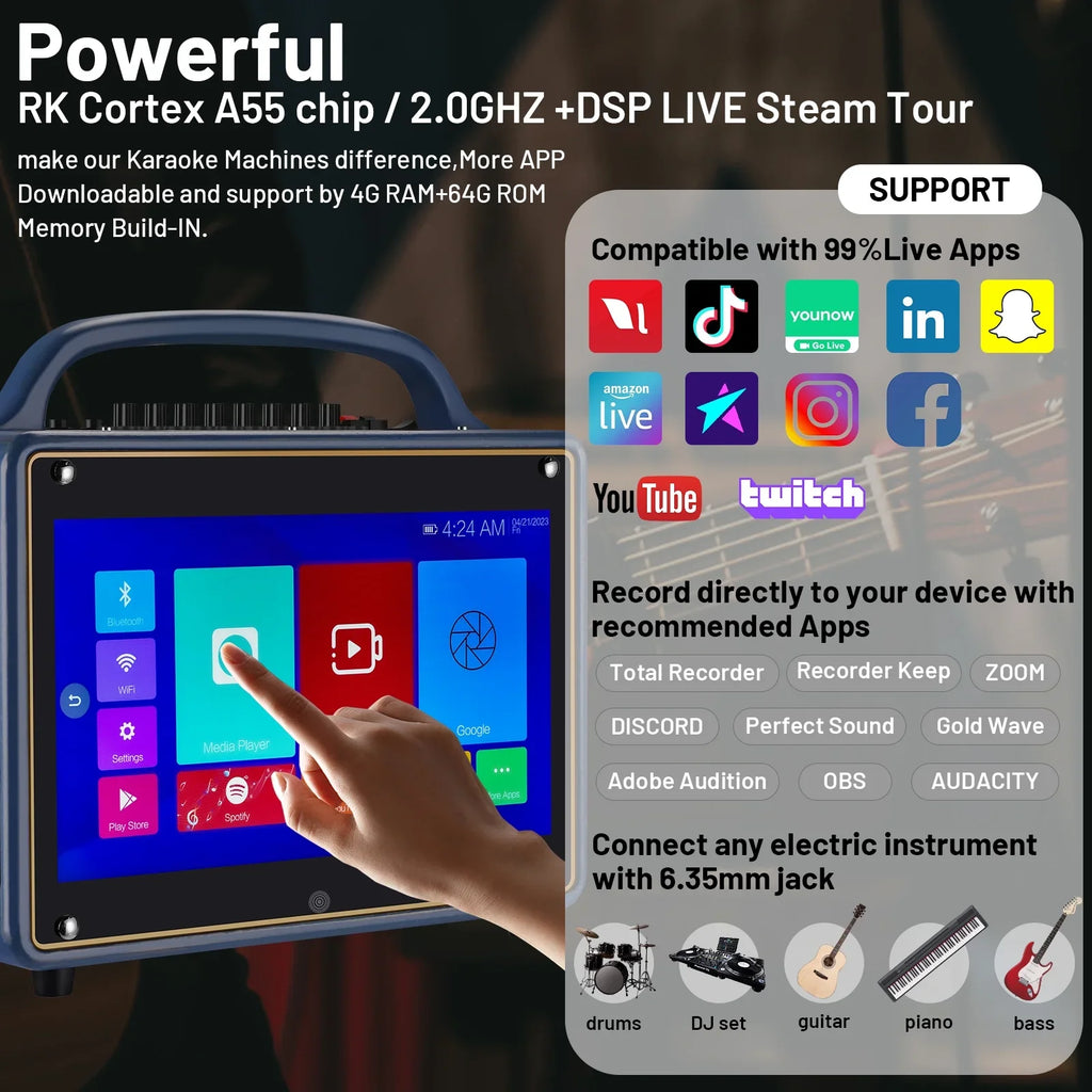 Portable Karaoke Machine Systems Wireless  Streaming Loudspeaker for Adults&Kid,14” Touch Screen/Android 12/4+64G,Support Microphone/WiFi/////Phones/