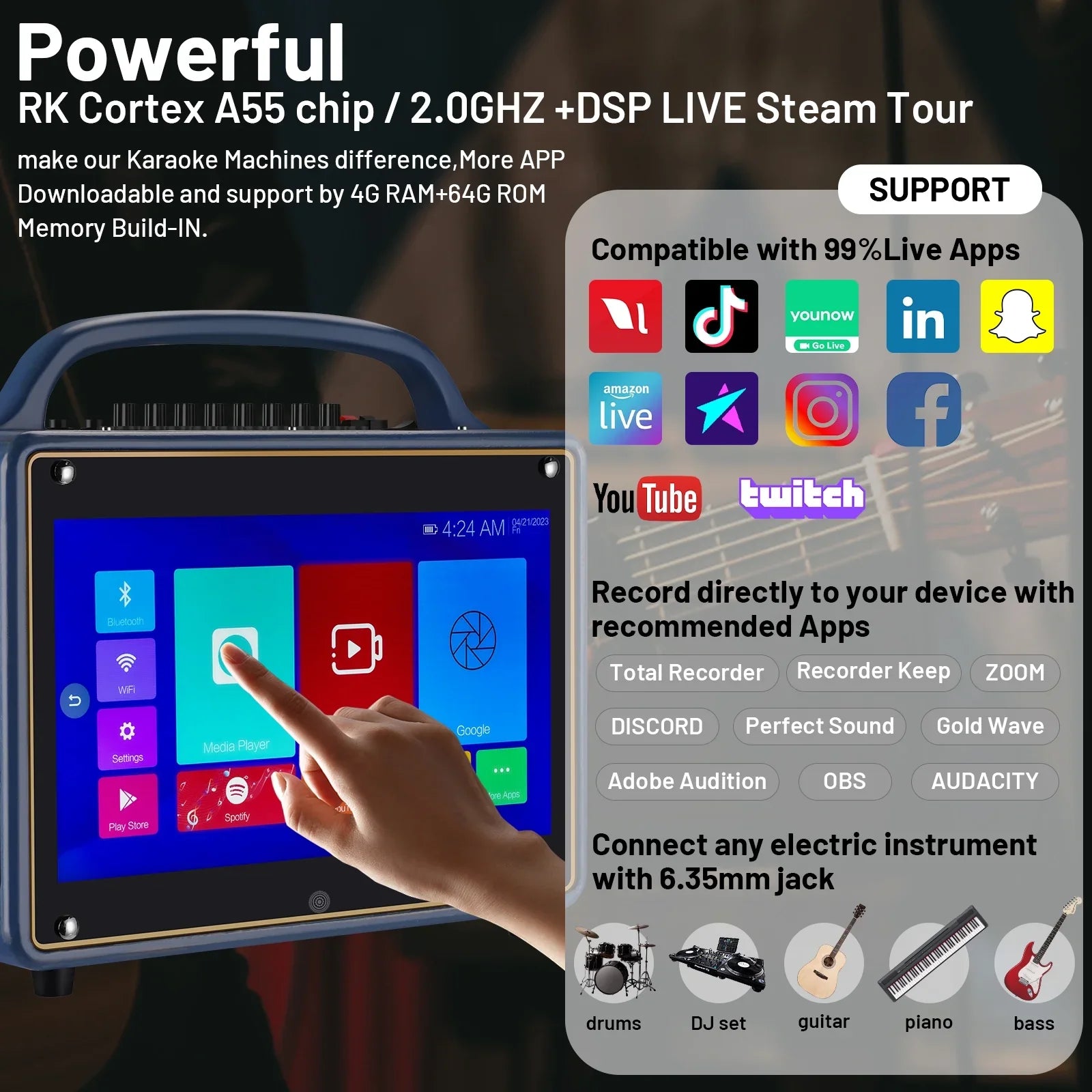 Portable Karaoke Machine Systems Wireless  Streaming Loudspeaker for Adults&Kid,14” Touch Screen/Android 12/4+64G,Support Microphone/WiFi/////Phones/