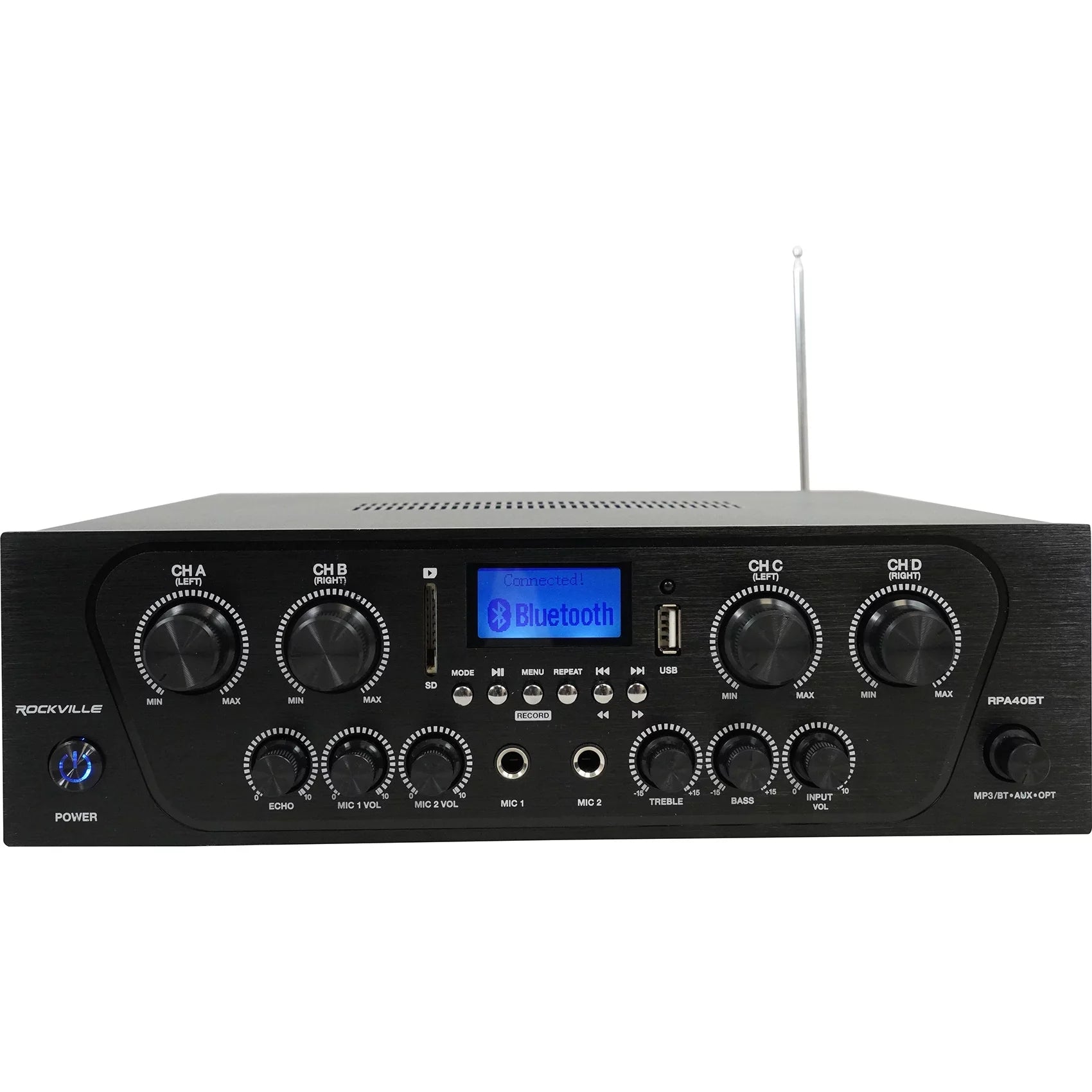Rockville RPA40BT 4-Room Home Audio Kit Receiver+(8) Black Slim Wall Speakers