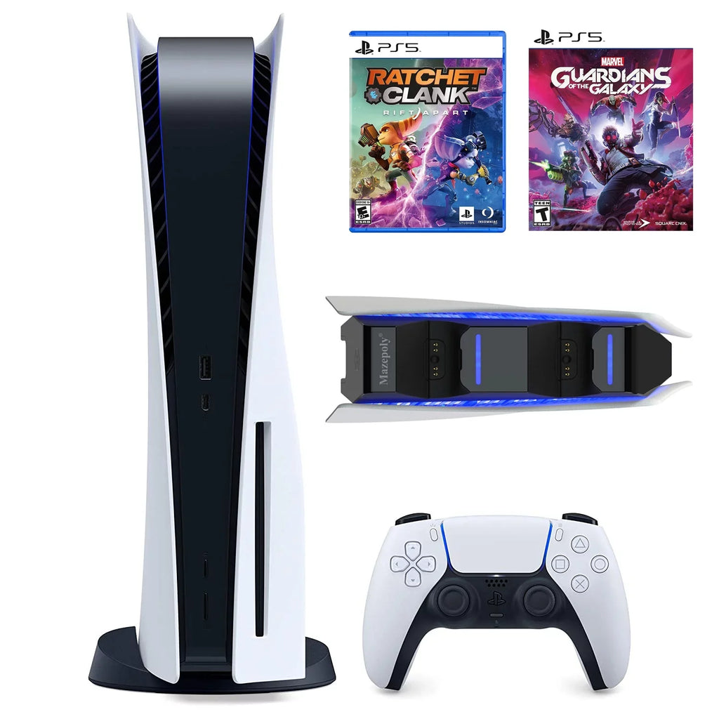 Play-Station-5 825GB Disk Console,  Blu-ray, One Wireless Controller, P-S-5 Games Marvel’s Guardians of the Galaxy and  Ratchet & Clank: Rift Apart with Mazepoly Dual Charger Dock
