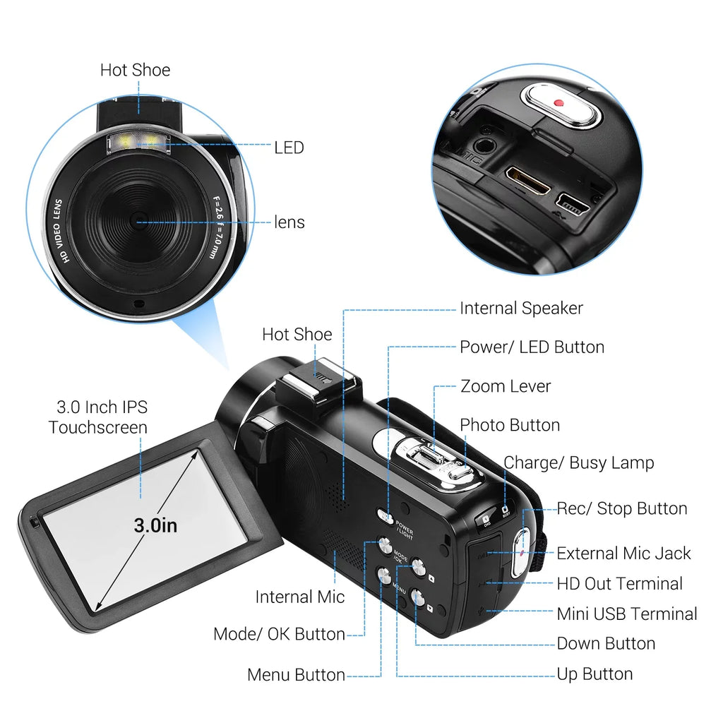 Andoer-2 Video Camera,Inch  Monitor  Monitor Burst 3.0 Inch  Monitor Burst Function  Professional Video 4K  Handheld Camera 3.0 Inch Video Camera