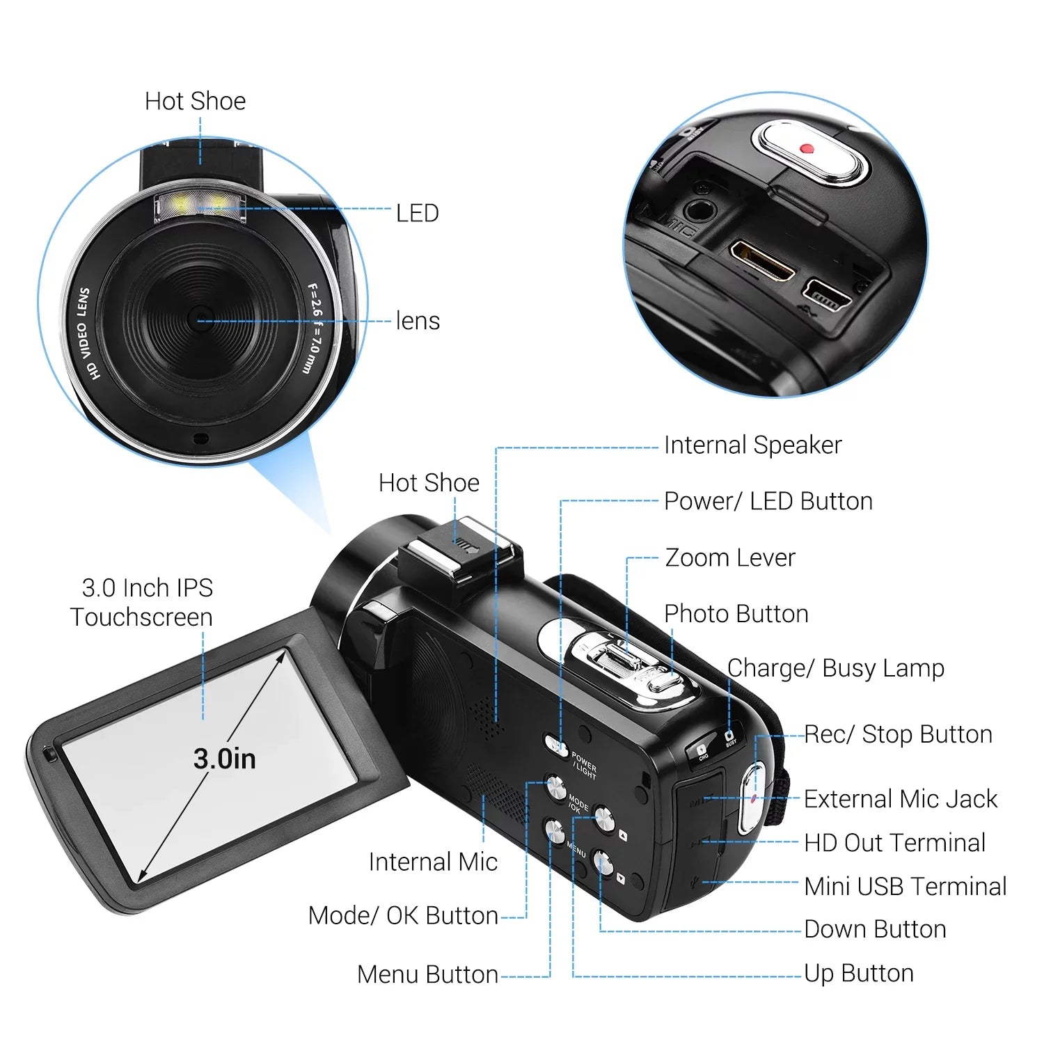 Andoer-2 Video Camera,Inch  Monitor  Monitor Burst 3.0 Inch  Monitor Burst Function  Professional Video 4K  Handheld Camera 3.0 Inch Video Camera