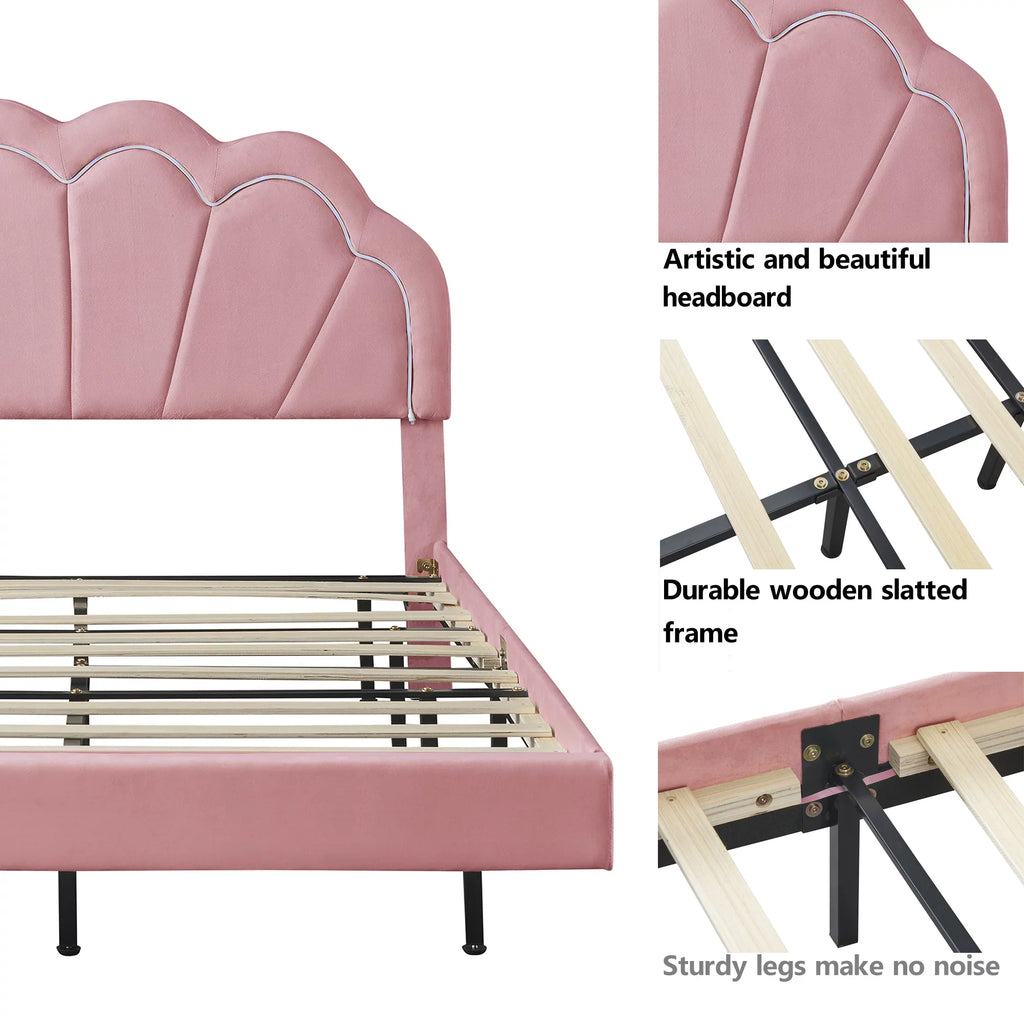 CoSoTower Queen Upholstered Smart  Bed Frame with Elegant Flowers Headboard,Floating Velvet Platform  Bed with Wooden Slats Support,Pink