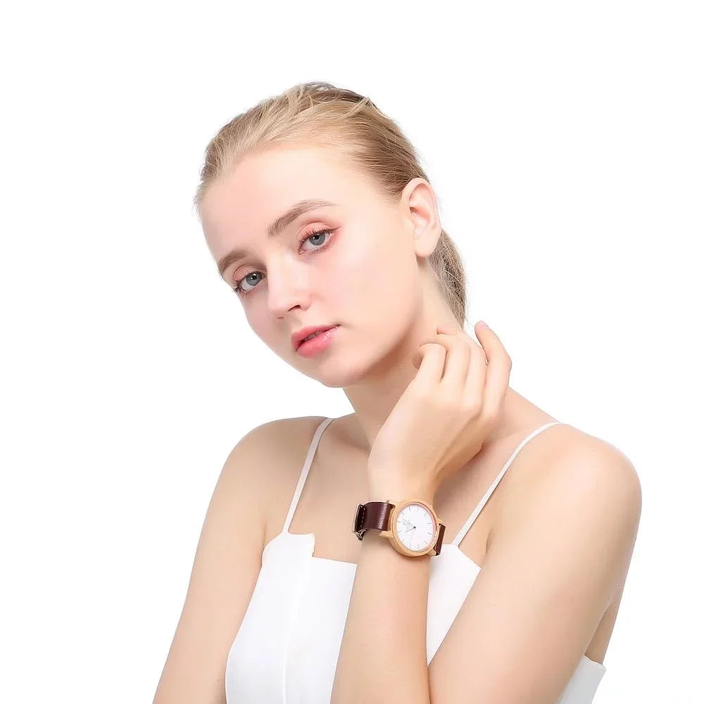 Matashi Mens and Womens Casual Wooden Wrist Watch w Brown Leather Strap, 1ATM Water Resistant, Business or Travel, Swiss